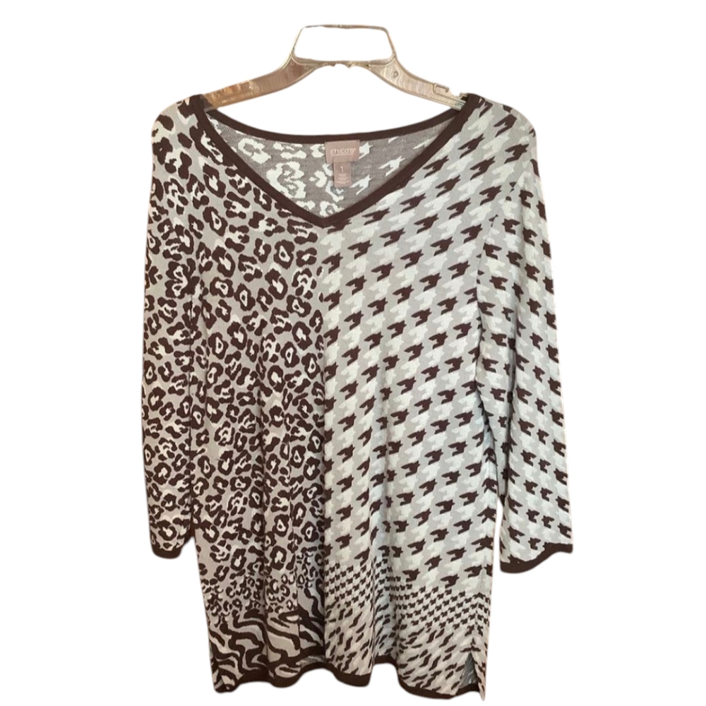 Chico's Mixed Pattern Leopard Houndstooth 3/4 Sleeve Sweater Chicos Size 1
